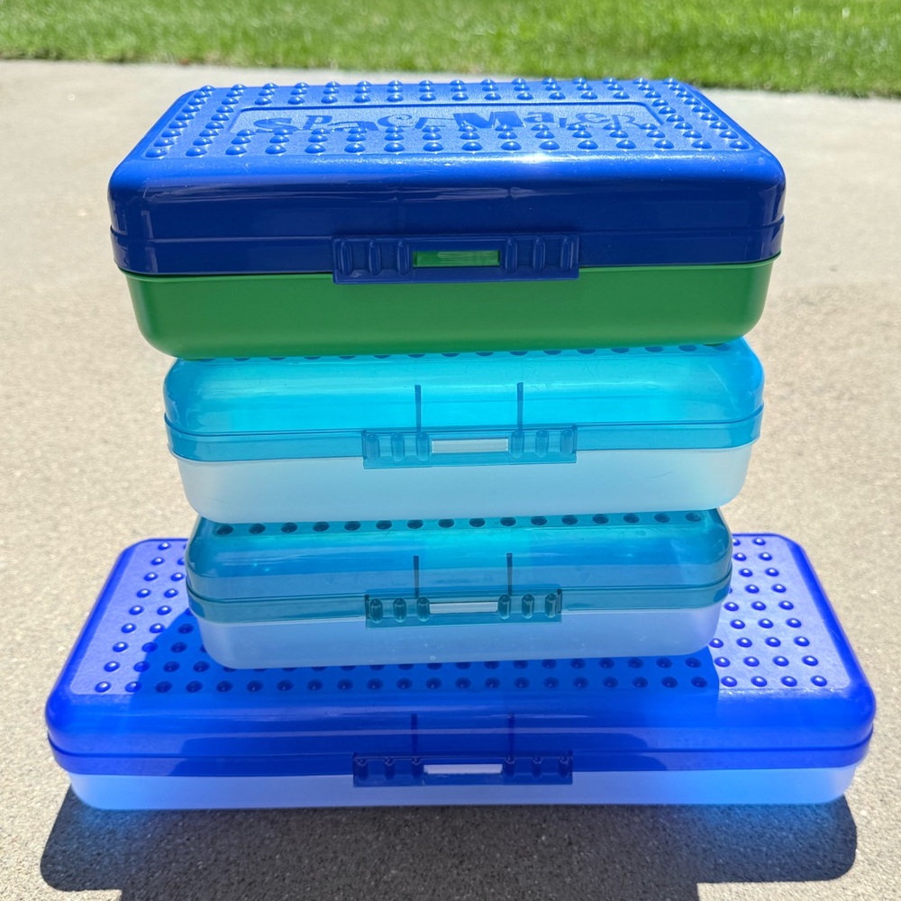 Vintage Spacemaker School Supplies Pencil Box Greens and Blues (4)
